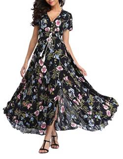 Teemie Damen Kleid Kurzarm Maxikleid Sommerkleid Boho Lang Kleider V Ausschnitt Strandkleid Sommer Casual Hübsche Blumenkleid Beachkleid Flowy Split Kleid mit Gürtel Holidy von Teemie