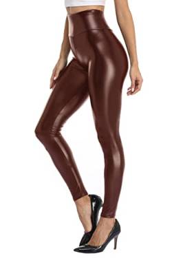 Teemie Damen Kunstleder Leggings Thermo Leder High Waist Stretch Skinny Hose Leggins PU Lederhose Strumpfhosen Sexy Treggins Lederoptik Dünn Gefüttert Kunstleder Winter Braun 2XL von Teemie