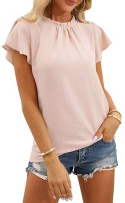 Damen Bluse Kurzarm Elegant Hemdbluse Sommer Oberteile Rüschen Stehkragen Arbeit Tunika Hemd Tops Volant Ärmel Shirts (apricot/L) von Teesho