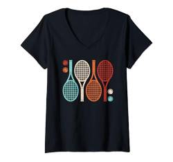 Damen Retro Tennisschläger Vintage Tennis Damen Herren Kinder T-Shirt mit V-Ausschnitt von Tennis Bekleidung Damen Herren Mädchen Jungen