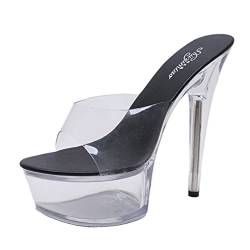 Damen High Heels 15 cm Schuhe Hausschuhe Stiletto Offene Spitze High Heels Kristall Pole Dance Schuhe Modell Laufsteg Kleid Schuhe Plus Size Herren Pumps,Schwarz,38 EU von TENT