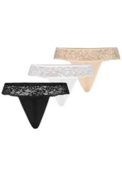 Teyli Damen String Tanga aus Mesh mit Spitze 3er Pack Schwarz Weiß Beige L von Teyli