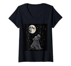 Damen Moo-Deng Howling at the Moon Baby Moo Deng Hippo Lover T-Shirt mit V-Ausschnitt von Thai Moo-Deng official Tee