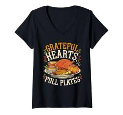 Damen Grateful Heart Full Plates Thanksgiving Family Matching T-Shirt mit V-Ausschnitt von Thanksgiving Day 2024 Turkey Trot Squad By GnineZa