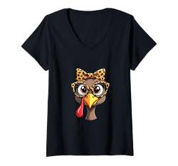 Damen Thanksgiving Cute Truthahn Gesicht Leopard Print Brille Frauen T-Shirt mit V-Ausschnitt von Thanksgiving Turkey Face Leopard Print Glasses tee