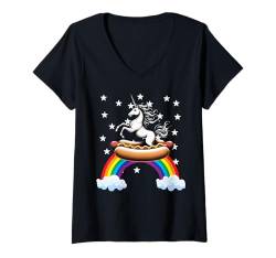 Damen Einhorn Reiten Hot Dog Jungen Mädchen Frauen Kinder Teenager Mütter T-Shirt mit V-Ausschnitt von The Mysterious Unicorn Hot Dogs Shop