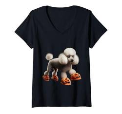 Damen Pudel trägt Kürbis-Hausschuhe Herren Damen Kinder Teenager Halloween T-Shirt mit V-Ausschnitt von The Poodle Slippers Halloween Shirts tShirt Shop