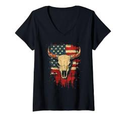 Damen Rodeo Boho Kuh Schädel Amerikanische Flagge Vintage Stier Reiten T-Shirt mit V-Ausschnitt von The Wild Western - Bull Riding to Country Concerts