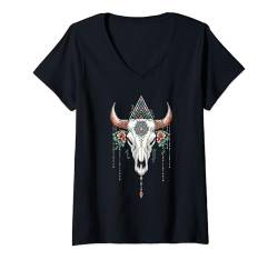 Damen Rodeo Vintage Damen Boho Kuh Schädel Aztekenmuster Cowgirl T-Shirt mit V-Ausschnitt von The Wild Western - Bull Riding to Country Concerts