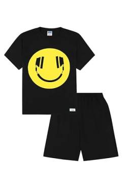 Kurzer, schwarzer Pyjama mit "Kopfhörer-Smiley"-Aufdruck für Jungen Gr. 15-16 Jahre, schwarz von ThePyjamaFactory