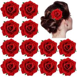 12 Stück Flamenco-Tänzerin mexikanische rote Rose Blume Broschen Pins Alligator Haarspangen Abschlussball Party Hochzeit Braut Haarschmuck Kopfschmuck für Frauen Mädchen von Theaque