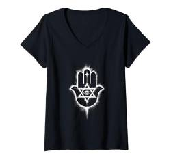 Damen Hamsa Hand der Fatima Khamsah Davidstern Anahata Chakra OM T-Shirt mit V-Ausschnitt von Theater Of Oneness