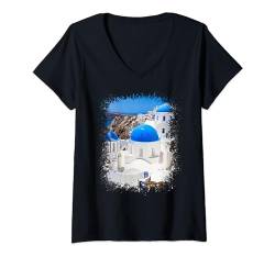 Damen Santorini Griechenland Foto Spritzer Art Design T-Shirt mit V-Ausschnitt von Therapy Designs