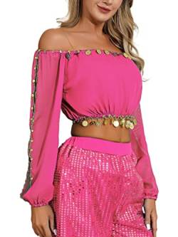 TiaoBug Damen Bauchtanz Kostüm Oberteil mit Münzen Schulterfrei Tunika Shirts Kurz Bauchfrei Crop Top Belly Dance Outfits Hot Pink Einheitsgröße von TiaoBug