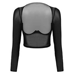 TiaoBug Damen Mesh Crop Top kurzarm Unterhemd Bauchfreies Oberteil Basic Transparent Unterwäsche Shirts Ouvert Dessous Reizvoll Schwarz Langarm XL von TiaoBug