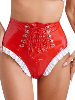 TiaoBug Damen Wetlook Ouvert-Slip String Tanga High Cut Thong High Waist Bikinislip Lack Leder Hipster Glänzend Shorts mit Reisverschluss Gogo Outfits Clubwear Rot E 3XL von TiaoBug