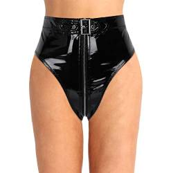 TiaoBug Damen Wetlook Ouvert-Slip String Tanga High Cut Thong High Waist Bikinislip Lack Leder Hipster Glänzend Shorts mit Reisverschluss Gogo Outfits Clubwear Schwarz 3XL von TiaoBug