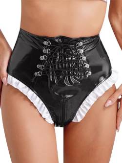 TiaoBug Damen Wetlook Ouvert-Slip String Tanga High Cut Thong High Waist Bikinislip Lack Leder Hipster Glänzend Shorts mit Reisverschluss Gogo Outfits Clubwear Schwarz E XL von TiaoBug