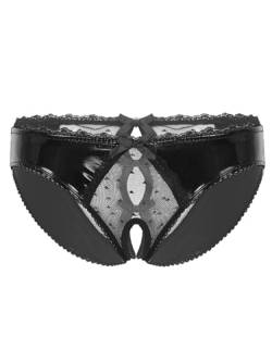 TiaoBug Glänzende Herren Ouvert-Slip wetlook Sissy Unterwäsche Kunstleder Unterhose mit Penishülle Rüschen Badehose Bikini Slip Tanga Erotik G-String Briefs Schwarz A M von TiaoBug