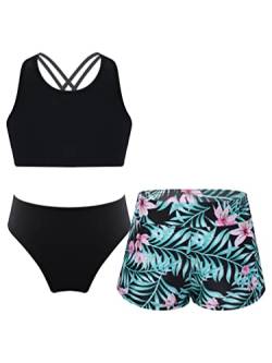 TiaoBug Mädchen Kinder Tankini Bikini Set Sport Badeanzug Zweiteiler Bademode Leopardenmuster Top und Kurze Hose Shorts Turnanzug Tanz Gymnastik Bade Bekleidung 116-164 Schwarz Grün CC 128 von TiaoBug