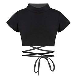 TiaoBug Mädchen Sommer T-Shirt Rundhals Sport Crop Top Bluse Kinder Kurzarm Shirts Top Hemden gr.116-164 Schwarz B 164 von TiaoBug