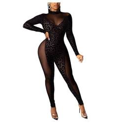 Tiberu Sexy Damen-Jumpsuit mit Leopardenmuster, langärmelig, V-Ausschnitt, Netzstoff, durchsichtig, figurbetont, Cocktailparty, Clubwear, Schwarz, Medium von Tiberu