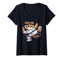 Damen Tiger Lustiger Karate-Sportler schwarzer Gürtel für Jungen Mädchen Kinder T-Shirt mit V-Ausschnitt von Tiger Karate byAxisone