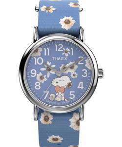 Timex Peanuts Damen-Armbanduhr, 38 mm, blaues, einlagiges Stoff-Durchzugsarmband, blaues Zifferblatt, silberfarbenes Gehäuse Damen TW2W33300 von Timex