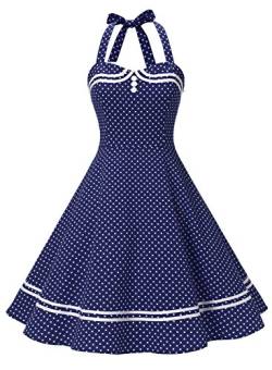 Timormode Damen Neckholder 1950er Vintage Retro Rockabilly Cocktailkleid Party Festlich Kleider 10387 Marineblau Punkte 3XL von Timormode