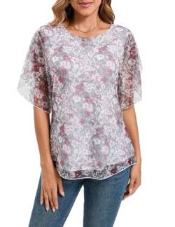 Timuspo Chiffon Bluse Elegant Halbärmel Festliches Oberteil Große Größen Shirt mit Schößchen Damen Business Kurzarm Lässige Tops Blumen Schwarz XXL von Timuspo