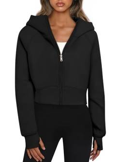 Timuspo Schwarzer Hoodie mit Reißverschluss Damen Full-Zip Crop Pullover Herbst Winter Outfits Sweatjacke Kapuzenjacke Fleecejacke Kurz Übergangsjacken M von Timuspo