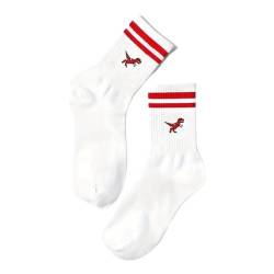 Tindo Weiße Socken mit Dino Motiv Lustige Verrückte Socken für Männer und Frauen Geschenksocken Unisex Einheitsgröße 36-43 Crew Socks 1-Paar Rot von Tindo