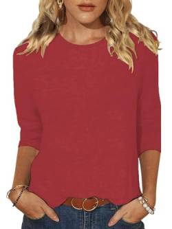 Titimiss 3/4 Arm Shirt Damen Tshirt Sommer Oberteil Leichte Klassische Bluse Rundhals Basic Tops Rot S von Titimiss