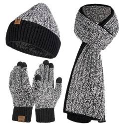 Tofern Schal Mütze Handschuhe Set Onvavient Herren Winter Strick Herrenhaube mit Fleecefutter Gloves Touchscreen, Flauschig Winter Zubehör von Tofern