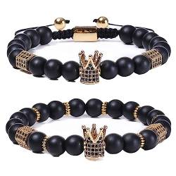 Tolldek 8mm Naturstein 2er Armband, Krone mit Zirkonia Damen & Herren Armband Set, Echten Natursteinen Perlen-Armband - Geschenk für Männer, 18CM, Schwarz von Tolldek