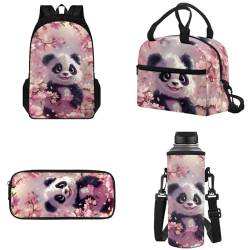 Tomeusey 4-teiliges Rucksack-Set mit Kirschblüten-Panda-Motiv, Schulbedarf, Schultasche, Büchertasche mit isolierter Lunchtasche, Stifttaschen, Wasserflaschenhüllen-Set für Kinder, Teenager, Jungen, von Tomeusey