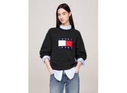 Strickpullover TOMMY JEANS "TJW MELANGE FLAG SWEATER EXT" Gr. L (40), schwarz (black) Damen Pullover in melierter Optik, mit Logo-Flag von Tommy Jeans