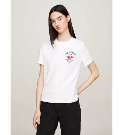 Tommy Jeans für Damen. DW0DW17820 Grafisches T-Shirt mit Logo auf dem Rücken in Weiß (S), Lässig, Baumwolle, Kurzarm von Tommy Jeans