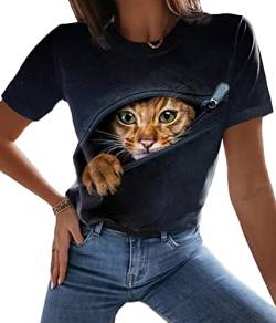 Tomwell Damen Langarmshirt Süße Katze Tier Drucken 3D Druck Katzen-Muster Gestreift Rundhals Herbst Tshirt Herbst Shirts Hemd Rundhals Pullover A Schwarz M von Tomwell