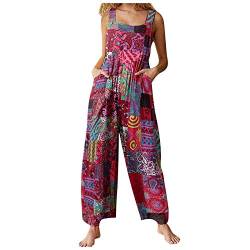 Tomwell Damen Latzhose Beiläufige Lose Lange Jumpsuit Mit Tasche Retro Leinen Strampler Overall Frauen Sommer Boho Blumendruck Hosen Rompers Wide Leg Playsuit 1 Rot L von Tomwell