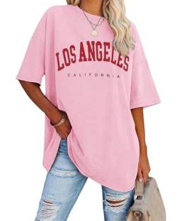 Tomwell Damen Los Angeles Brief T-Shirt Kurzarm Sport Sommer Rundhals Oversize Oberteile mit Buchstaben Druck Lose Bluse Vintage Tunika Lang für Teen Girls Top A Rosa XL von Tomwell