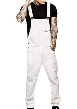 Tomwell Herren Jeans Latzhose Lange Jeanshose Jumpsuit Suspender Pants Retro Denim Bib Skinny Fit Streetwear Stone-Washed Zerreißen Arbeitshosen Qualität mit Taschen C Weiß 3XL von Tomwell