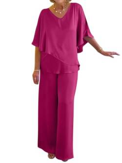 Tomwell Hosenanzug Damen Festlich Elegant Große Größen Tüll Abendanzug Sets Zweiteiler Hohe Taille Hosenanzug Elegant 2-Teiliges Set Outfit Hochzeit Cocktail Party Hosenanzug B Rose Rot XL von Tomwell