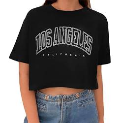 Tomwell T-Shirt Damen Crop Top Kurzarm Sportshirt Sexy Oberteil Bauchfrei Sommer Vintage Crop Tshirt mit Los Angeles Brief Lose Rundhals Teenager Mädchen Bluse A Schwarz S von Tomwell