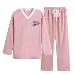 Tonone Damen Pyjama Set Kuschelig Winter Warm Zweiteiler Ensembles Langarm Nachtwäsche（Rosa） von Tonone