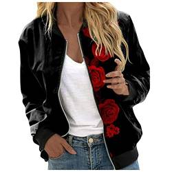 Topgrowth Accessorio Damen Bomberjacke Blumenmuster Langarm Jacket leichte Fliegerjacke Blouson Pilotenjacke Kurzjacke Damenjacke Outwear Kurz Coat autumn Frühling College Jacke (G-Red, S) von Topgrowth Accessorio