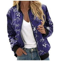 Topgrowth Accessorio Damen Bomberjacke Blumenmuster Langarm Jacket leichte Fliegerjacke Blouson Pilotenjacke Kurzjacke Damenjacke Outwear Kurz Coat autumn Frühling College Jacke (Z4-Purple, L) von Topgrowth Accessorio