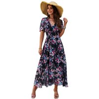 Mayou Sommerkleid Damen Maxikleid mit Blumenmuster V-Ausschnitt Gesmoktes Sommerkleid von Mayou