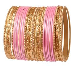 Touchstone Indische Bollywood „Bunte 2 Dutzend Armreifen-Kollektion“ Golden Glitters texturierte rosa Farbe große Größe Designer-Schmuck Armreifen Armbänder Set von 24 in Gold Tone für Frauen von Touchstone