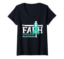 Damen Bewusstsein für das Tourette-Syndrom, Christian Cross Faith, Blaugrün T-Shirt mit V-Ausschnitt von Tourette Syndrome Awareness Products (Lwaka)